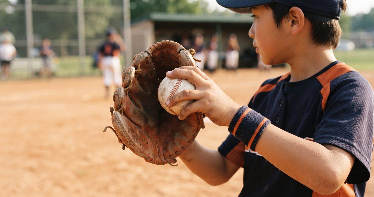 左利き用の野球グローブを左手にはめてボールを構えている少年の手元クローズアップ写真