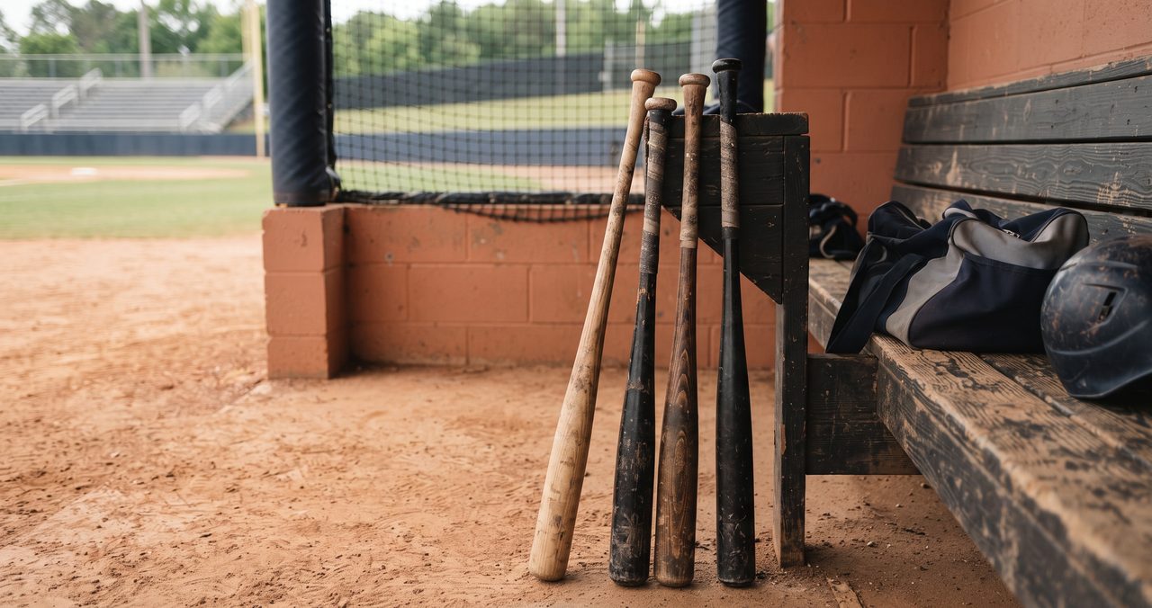 野球のバットが数本、ベンチに立てかけられている写真