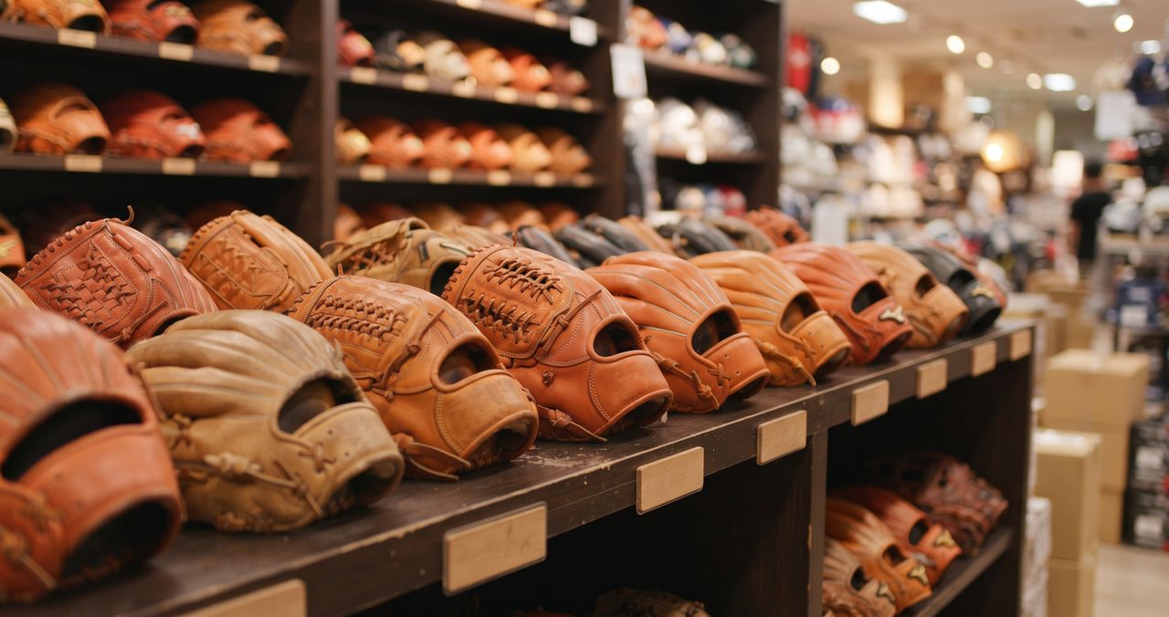 価格帯の異なる複数の野球グローブがスポーツ用品店の棚に並んでいる写真