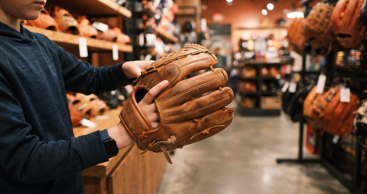スポーツ用品店で少年が左手に野球グローブをはめて試着している手元の写真