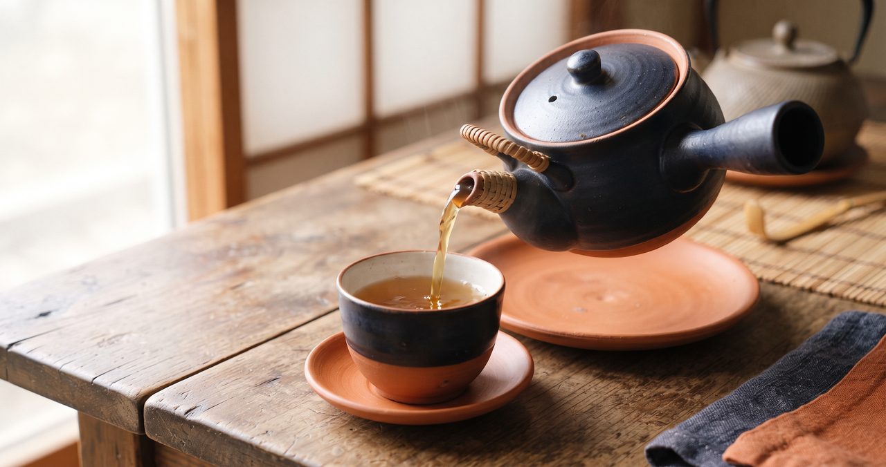 急須が茶托の上に置かれ、湯呑みに注がれている写真