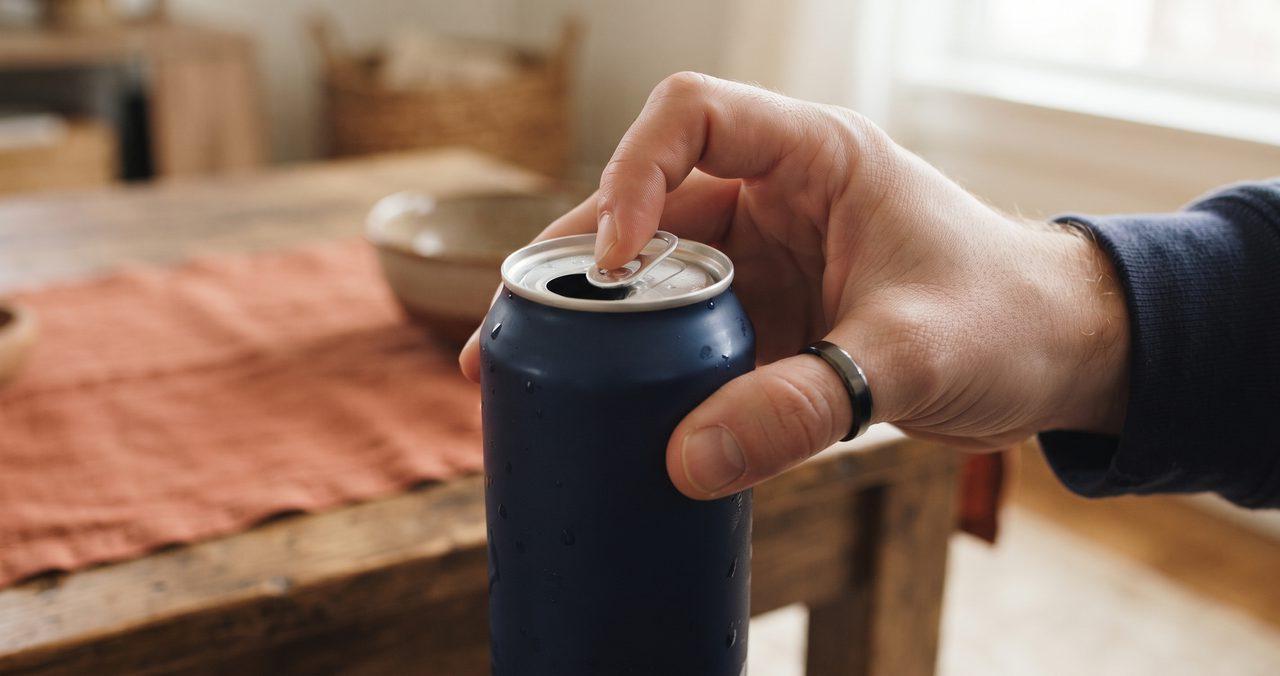 左手で缶飲料のプルタブを開けようとしている手元のクローズアップ写真