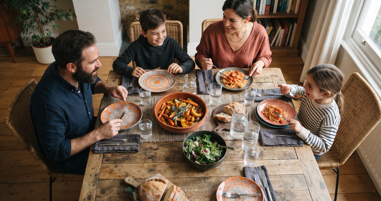 家族4人で囲む食卓を俯瞰で撮影した写真、椅子とカトラリーが並んでいる