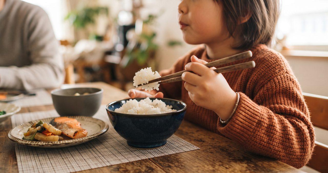 子供が左手でお箸を持ってお茶碗のご飯を食べようとしている手元の写真