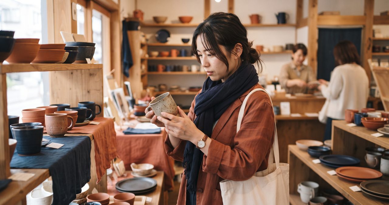 お客が店頭で商品を手に取ってじっくり確認している写真