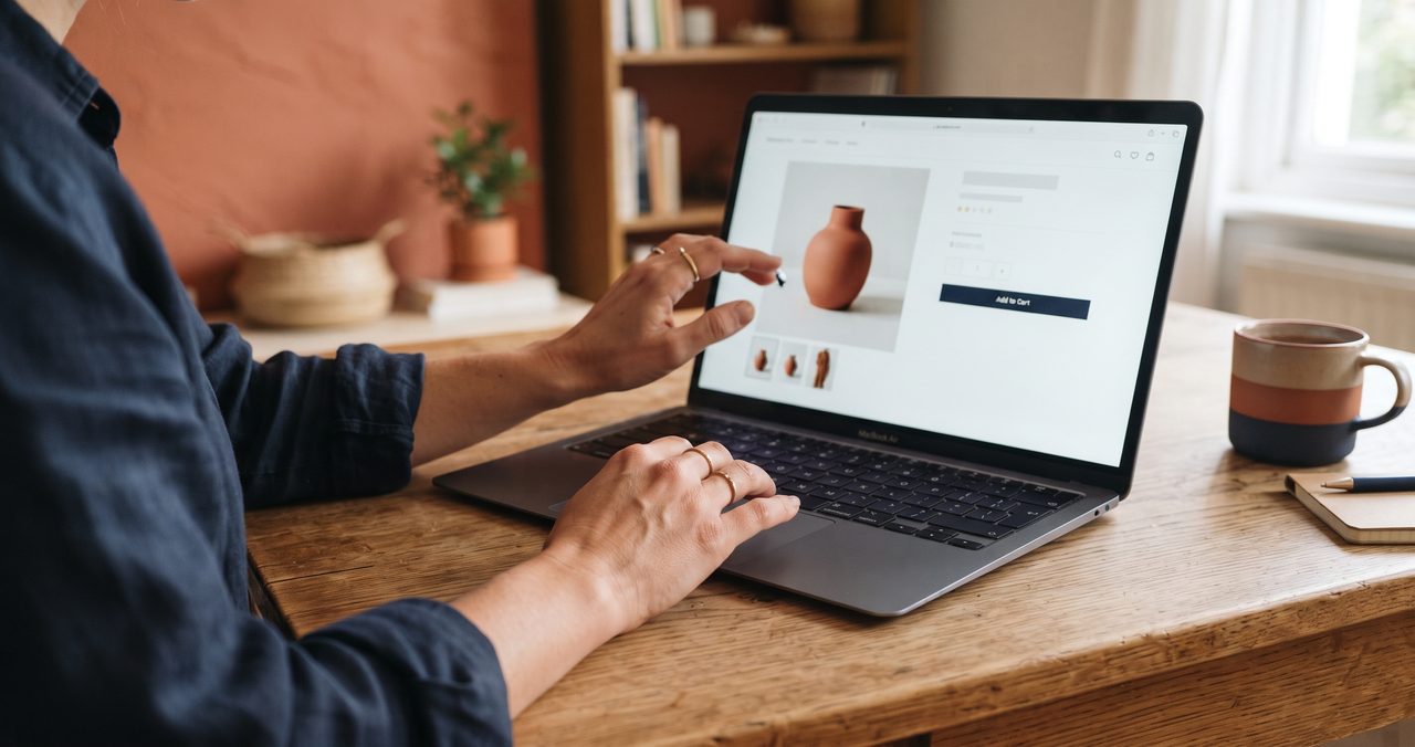ノートパソコンでECサイトの商品ページを閲覧している手元の写真