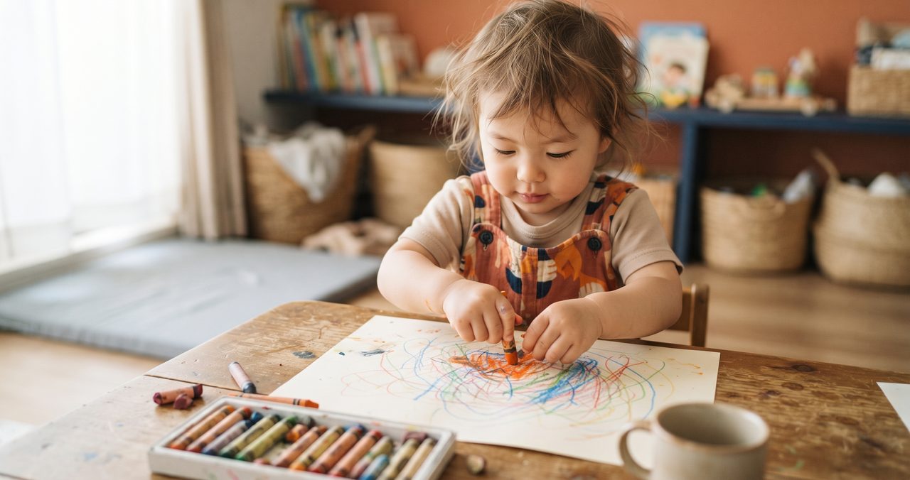 幼児がクレヨンを両手で持ち替えながらお絵かきをしている写真