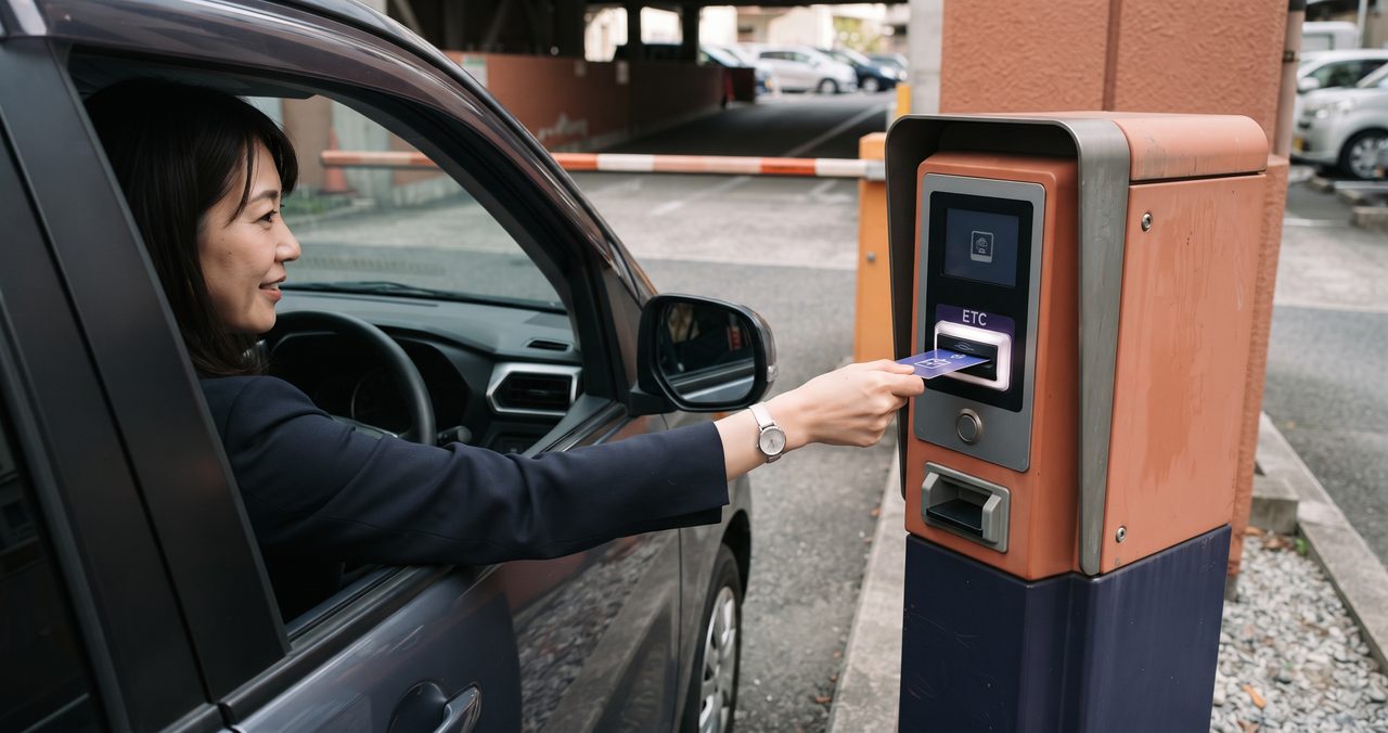 駐車場の発券機とETCカードの挿入口が車の運転席側から見て右側に設置されている写真