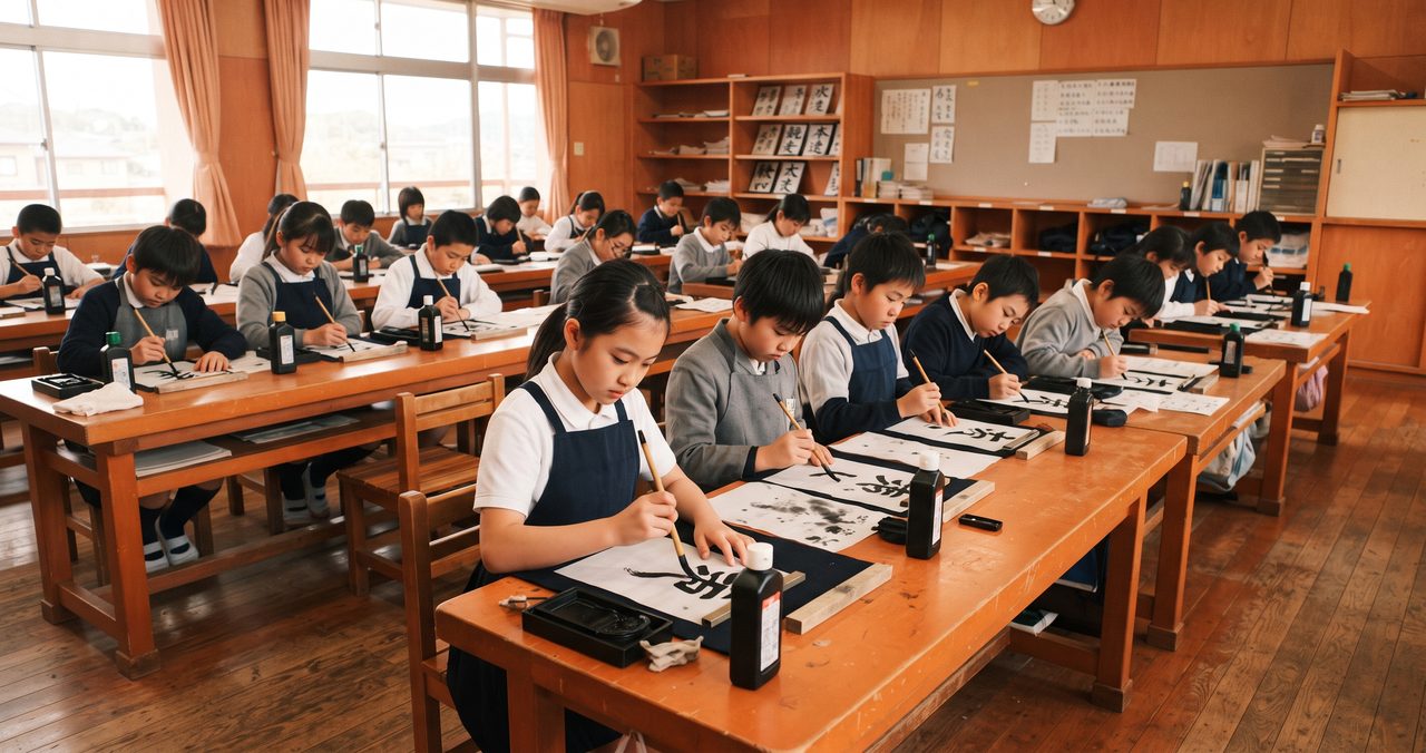 小学校の書写の授業で児童たちが机を並べて習字をしている教室の写真