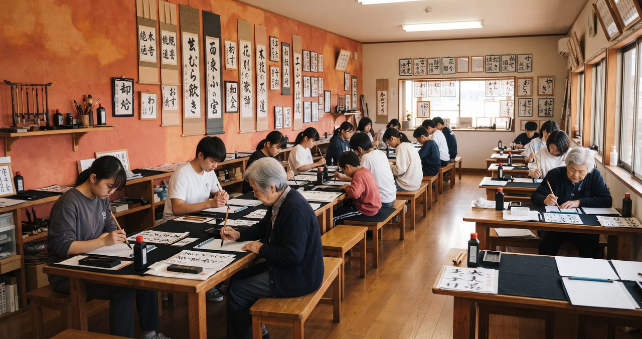 書道教室の壁に作品が飾られ、机が並ぶ教室内の写真