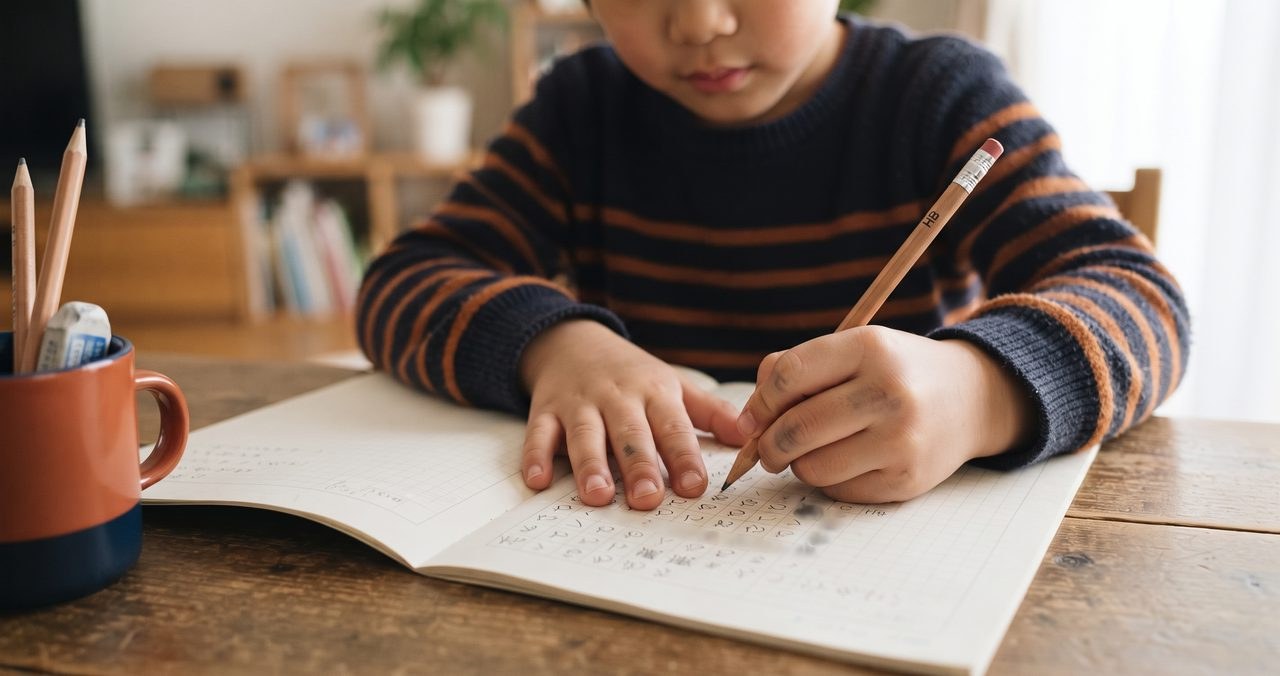 左手で鉛筆を持ってノートに文字を書き、手のひらが書いた文字にかぶさっている子供の手元