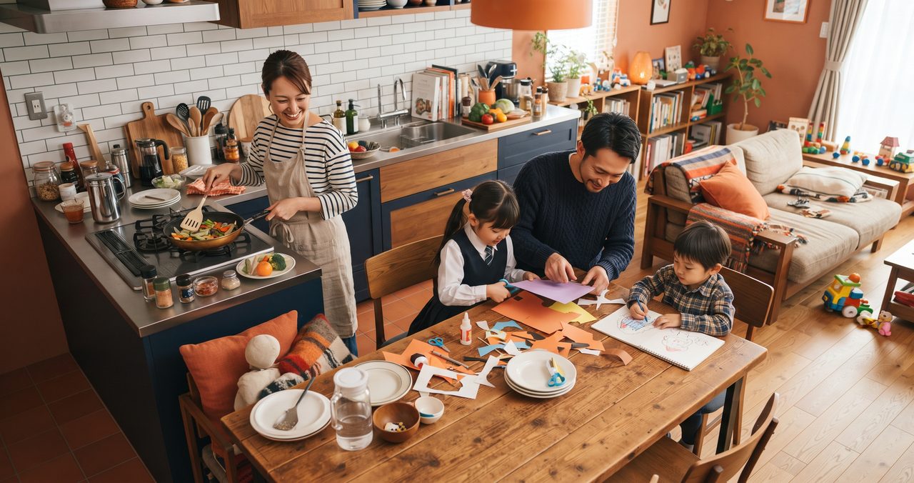 家族が食卓を囲み、子供が左利き用はさみで工作をしている横で親が調理している様子の俯瞰写真