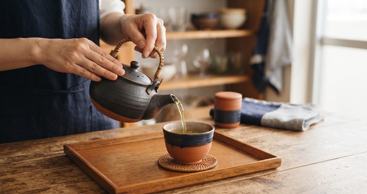 急須を両手で持ち、湯呑みにお茶を注いでいる様子
