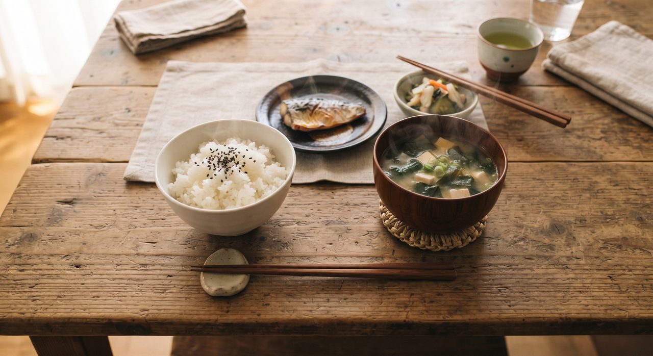 家庭の食卓にご飯茶碗・焼き魚・味噌汁・箸が並べられている俯瞰の様子