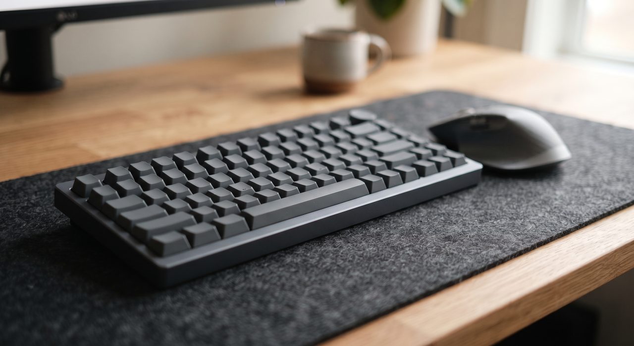木製デスクの上に、コンパクトなキーボードとマウスが並べて置かれている様子
