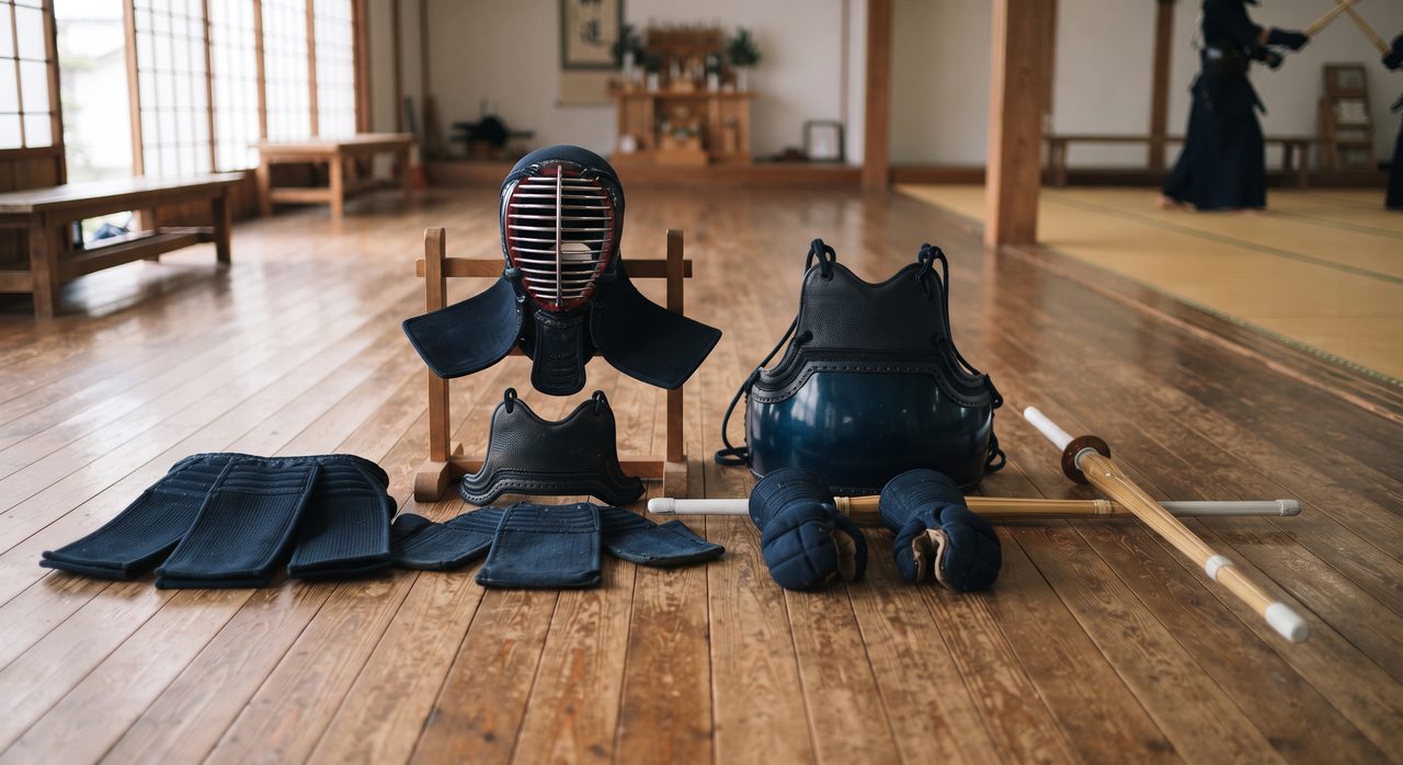 剣道の防具(面・胴・小手)と竹刀が道場の床に並べられている様子