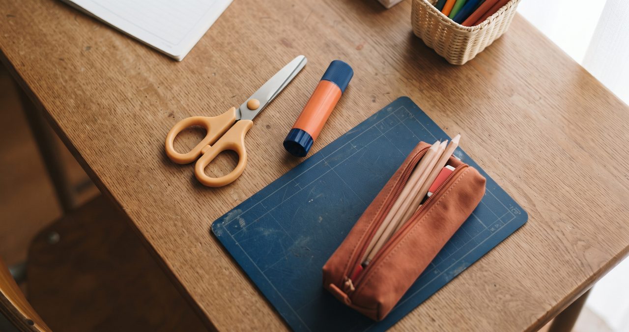 入学準備の学用品(はさみ・のり・下敷き)が机に並んでいる俯瞰写真