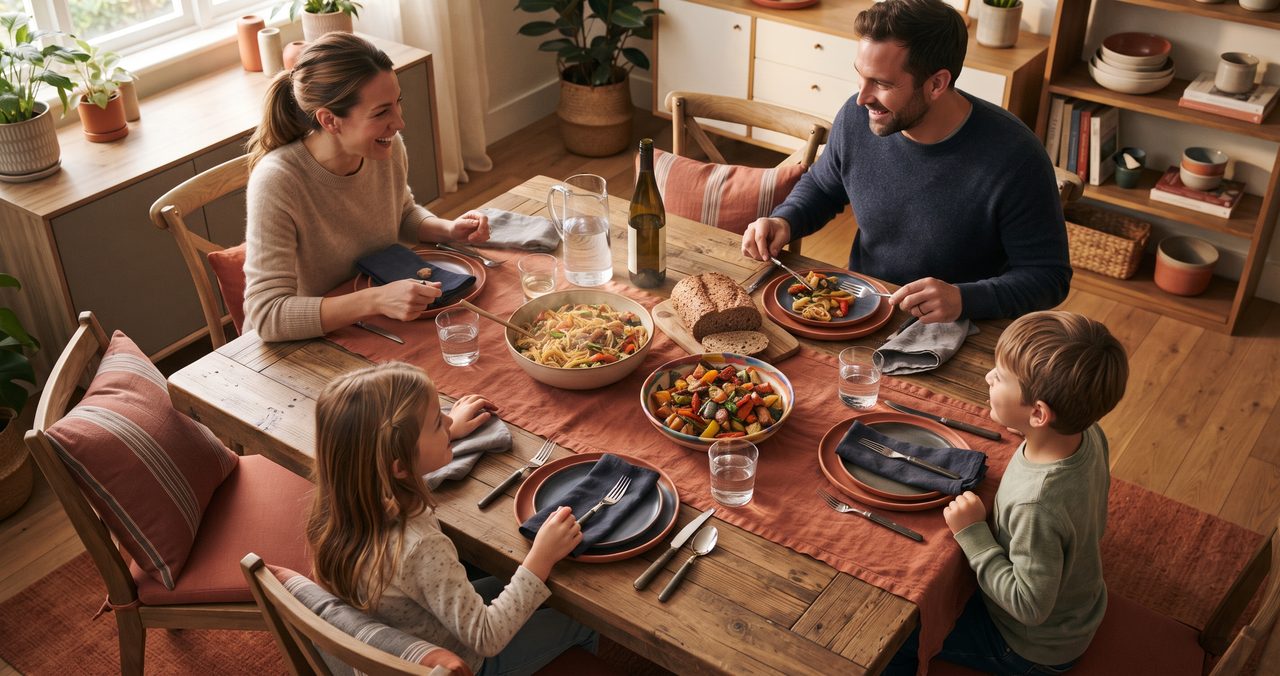 家族で囲む食卓の俯瞰写真、椅子とカトラリーが並ぶ