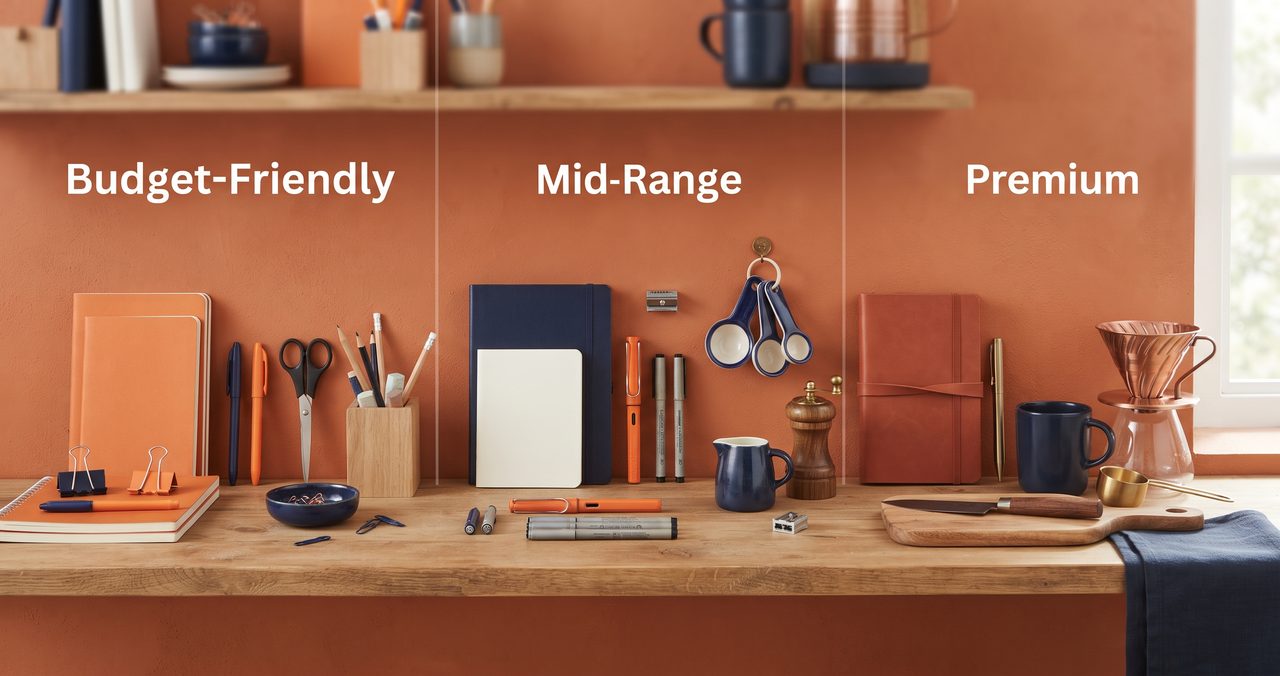 予算別に「Budget-Friendly」「Mid-Range」「Premium」とラベル表示された文房具やキッチン用品が棚に並べられた比較写真
