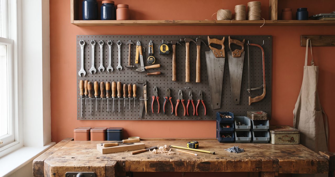 のこぎりやハンマー、ペンチなど多数の工具が壁のペグボードに整理して掛けられた作業台の写真