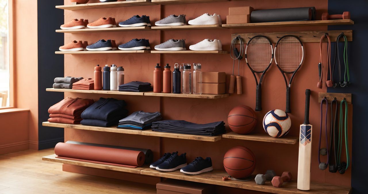 スニーカーやスポーツウェア、ボールなどのスポーツ用品がショップの棚に並べられた写真