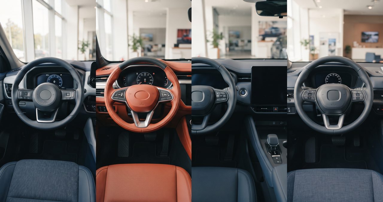 運転中のドライバーが右手でハンドルを握りながら左手でウインカーレバーを操作している車内からの写真