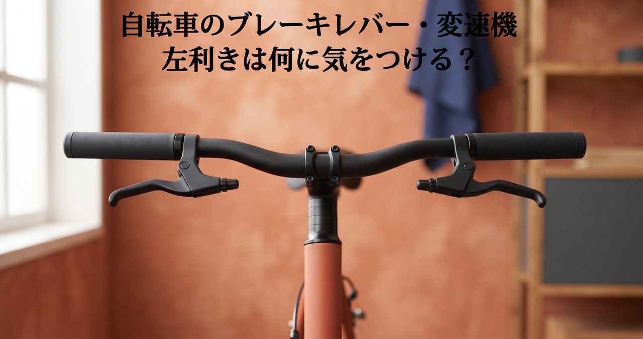 自転車のブレーキレバー・変速機、左利きは何に気をつければいいか、というタイトル文字を焼き込んだアイキャッチ画像(ブランドロゴなし再生成版)