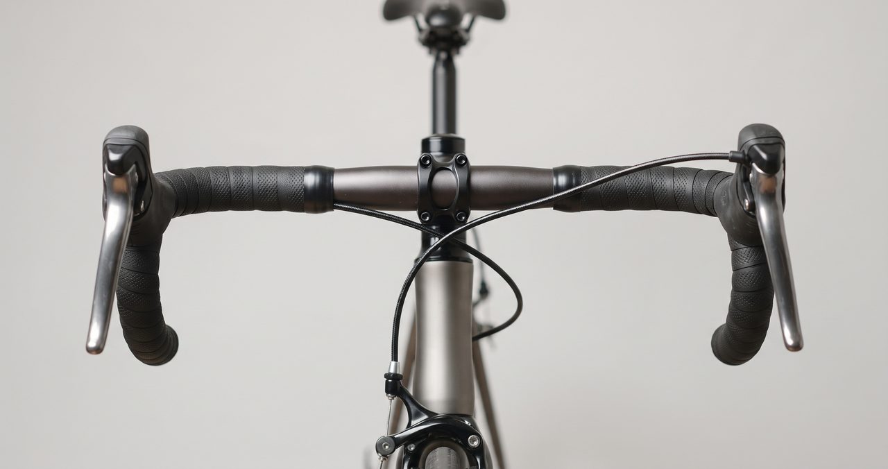 自転車のハンドルバーに取り付けられた左右のブレーキレバーを正面やや上から捉えたクローズアップ写真