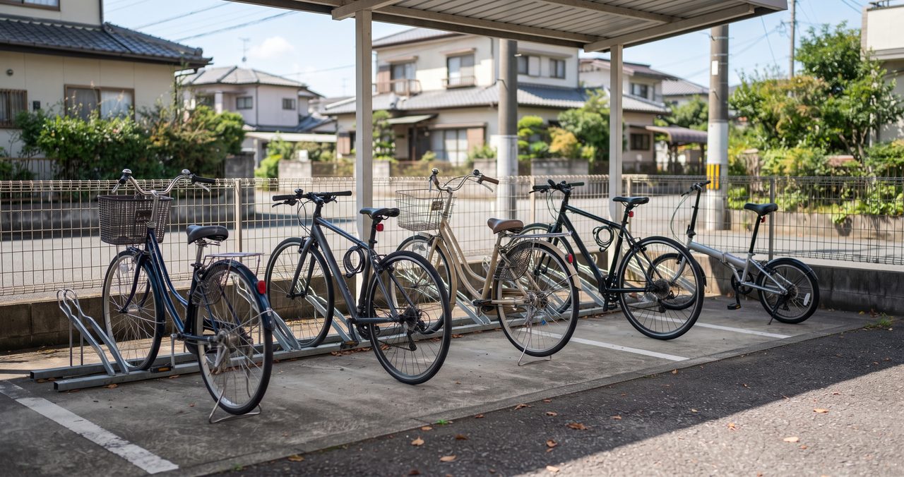 屋外の駐輪場に複数台の自転車が横一列に並んで駐輪されている引きのショット写真