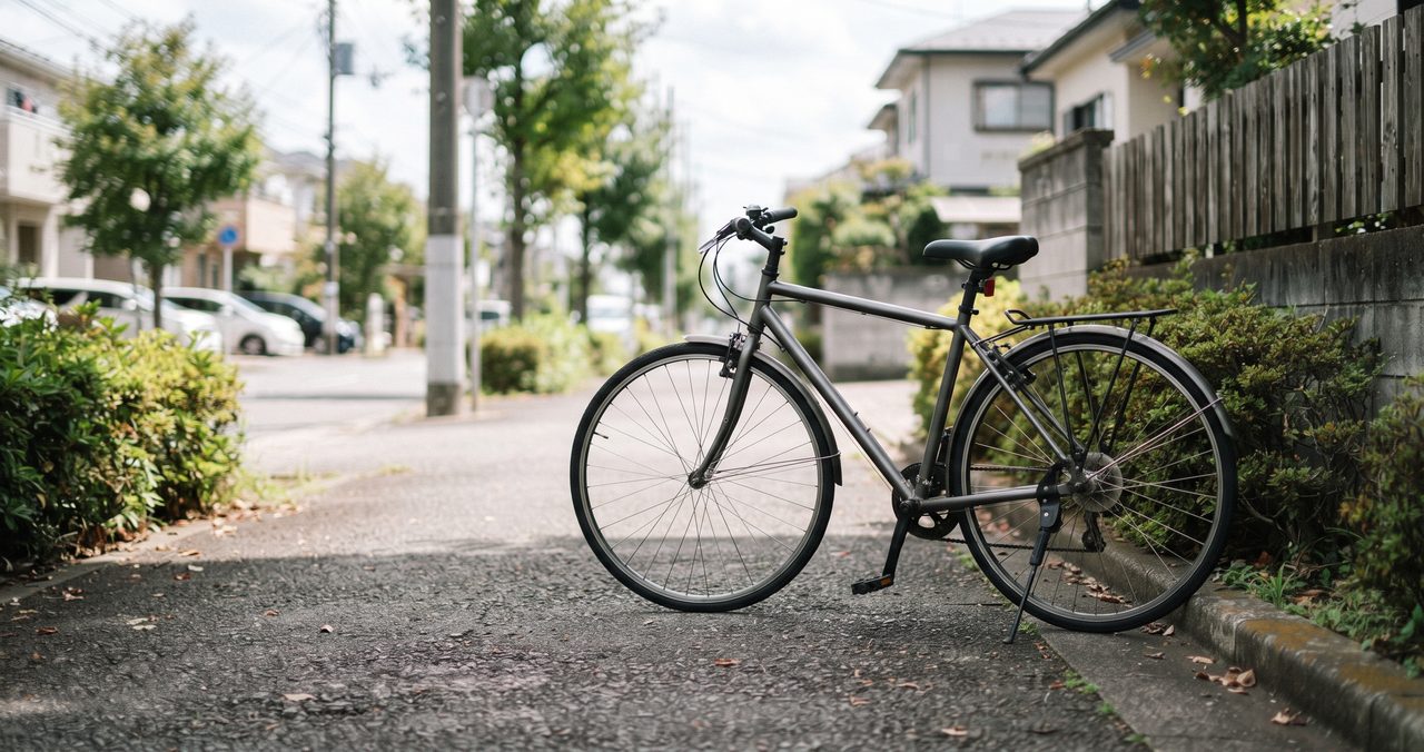 自転車が屋外でサイドスタンドを使い車体を左側にわずかに傾けて自立している様子を横から写した写真