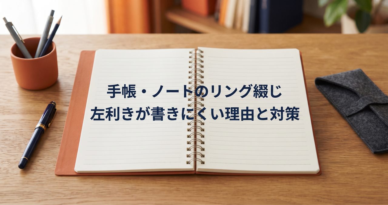 手帳・ノートのリング綴じ、左利きが書きにくい理由と対策、というタイトル文字を焼き込んだアイキャッチ画像(ページ無地・再生成版)