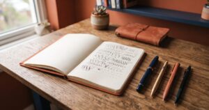 万年筆・ボールペンと書きかけのノートが机に置かれた情景、文字なしアイキャッチ