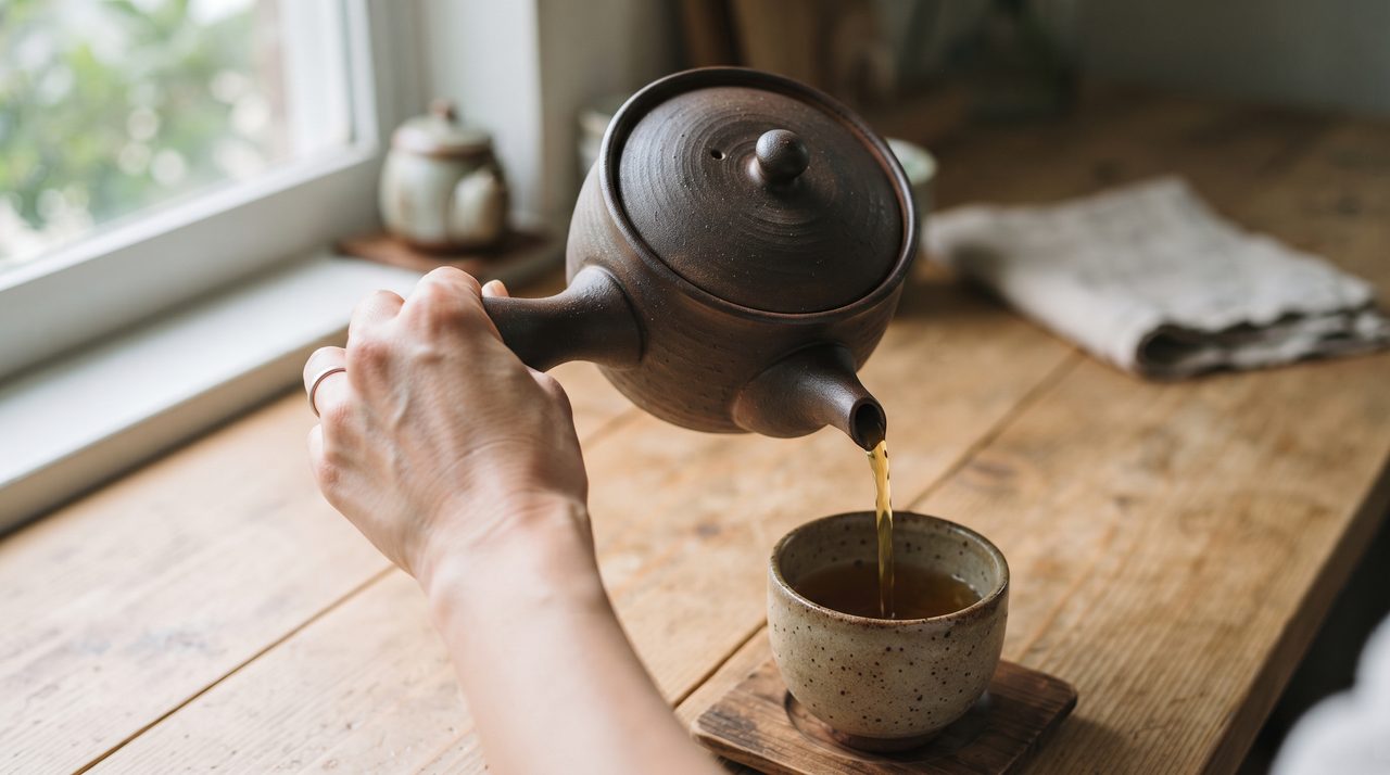 横手タイプの急須を左手で持ち、湯呑みにお茶を注いでいる瞬間を斜め上から捉えた手元クローズアップ写真
