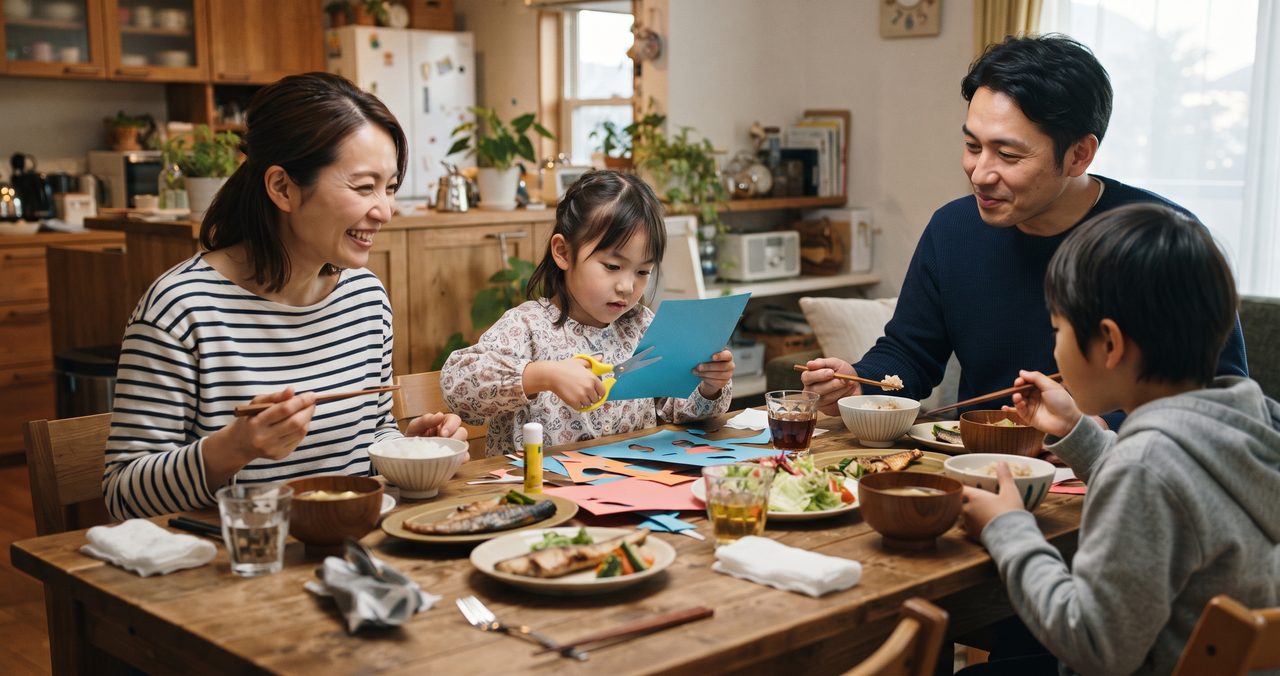 家族4人で食卓を囲みながら、女の子がはさみで色紙を切って遊んでいる家庭の様子