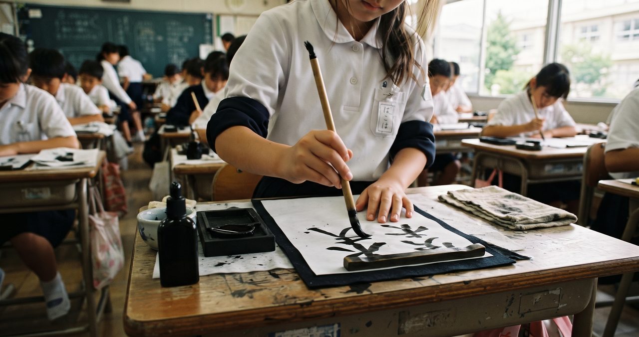 小学校の書写の授業で、児童が筆を持って半紙に文字を書いている教室の様子