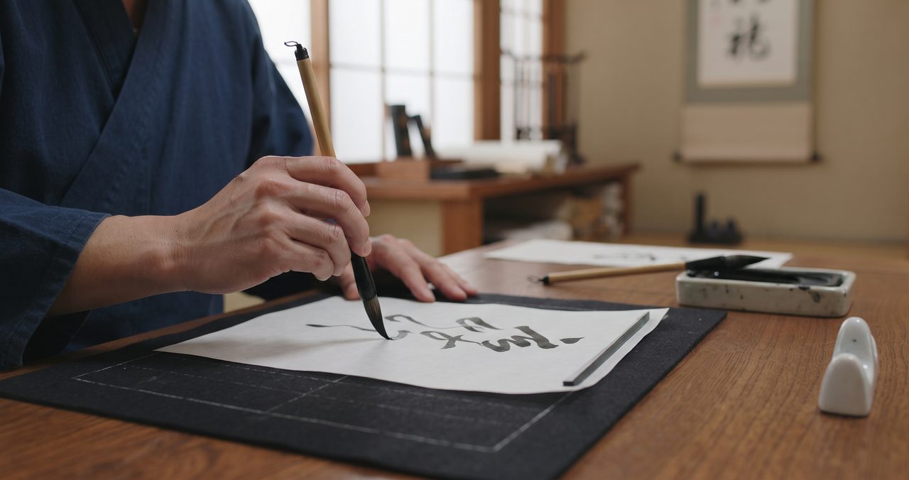 着物姿の人が書道教室で筆を使い、半紙にひらがなを書いている様子