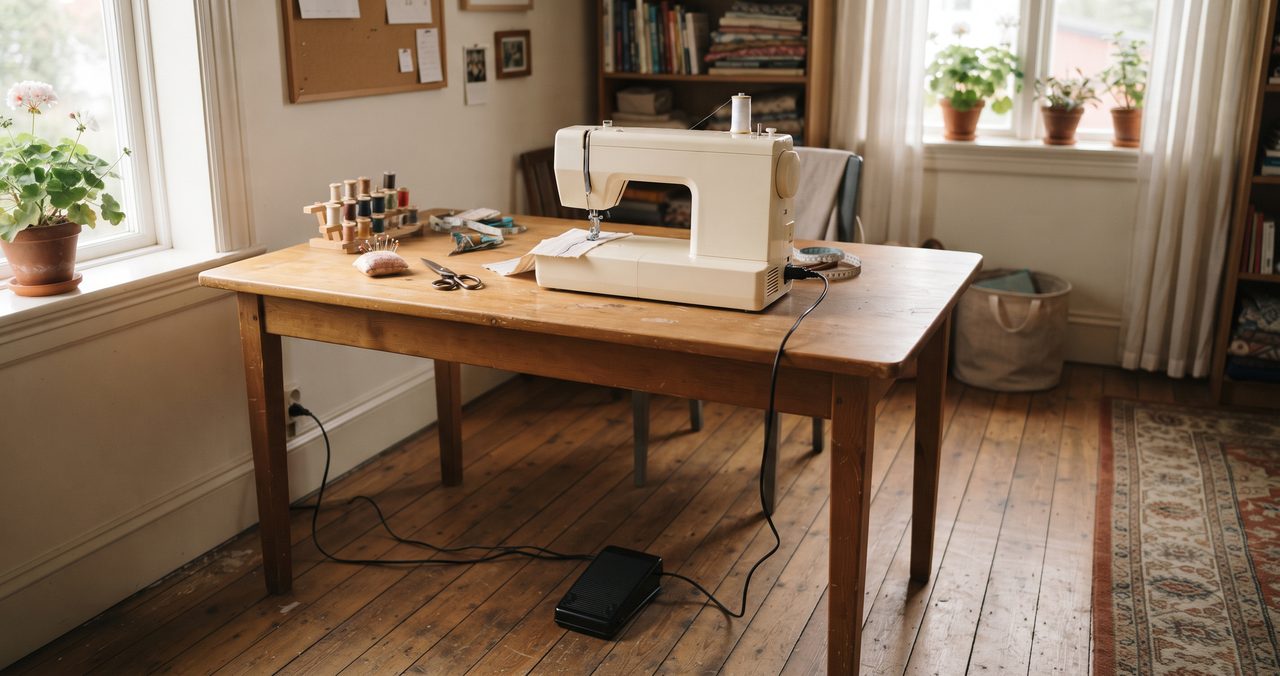 自宅の作業部屋で木製テーブルに置かれた家庭用ミシンと床のフットコントローラーを含む部屋全体の引きのショット、人物なし