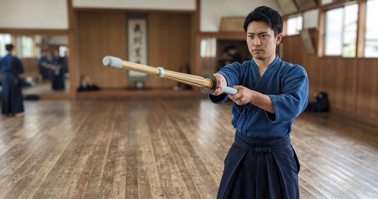 剣道の中段の構え、竹刀を両手でしっかり握っている様子、頭部を含む構図