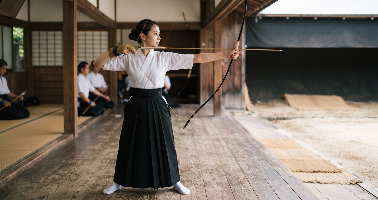 弓道で左手に弓を持ち右手で弦を頬まで引き絞っている「会」の構え