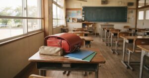 小学校の教室、机の上にランドセルと筆箱が置かれた情景、人物なし文字なしアイキャッチ