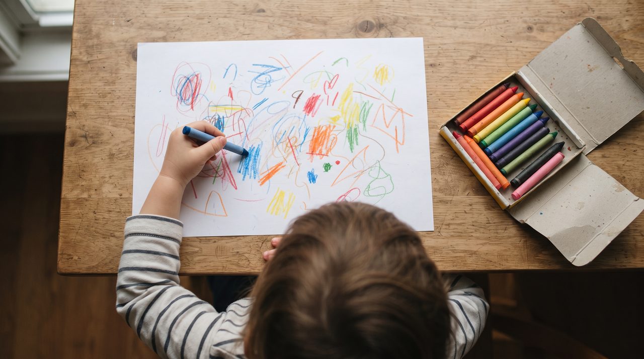 子ども1人が左手でクレヨンを持ち紙に絵を描いている俯瞰ショット、頭部が画面下端に写る構図、クレヨンや箱に文字・ロゴなし