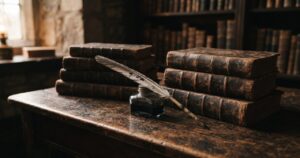 古い書斎机に積まれた革表紙の本、インク壺と羽根ペンの静物、人物なし文字なし