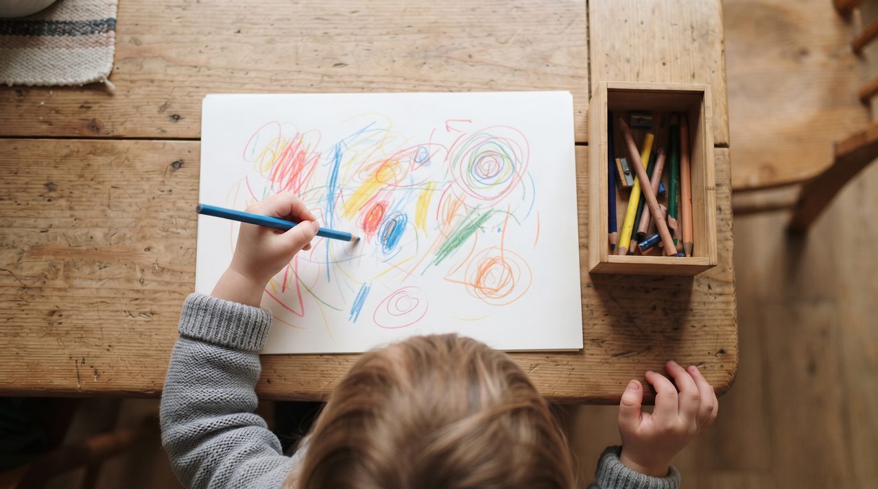 子ども1人が左手で色鉛筆を持ち紙に絵を描いている俯瞰ショット、頭部が画面下端に写る構図