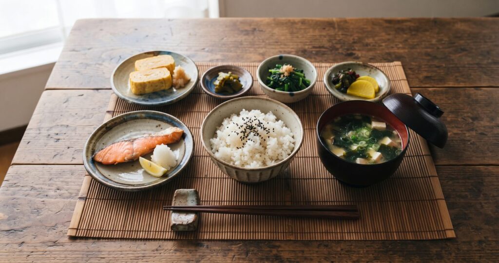和食の一人前の食卓、ご飯・汁物・小鉢と箸置きに置かれた箸の俯瞰、人物なし文字なし