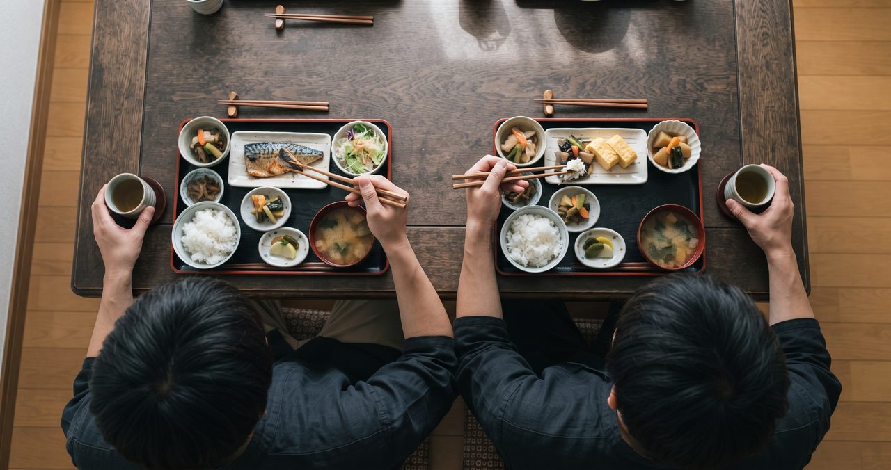 食卓の同じ側に並んで座る2人だけの俯瞰ショット、画面左の人は右手(内側の手)で箸を持ち、画面右の人は左手(内側の手)で箸を持ち、両者の肘が触れそうな位置関係にある、外側の手は各自の茶碗に添えている、両者の頭部が画面下端に並んで写る構図