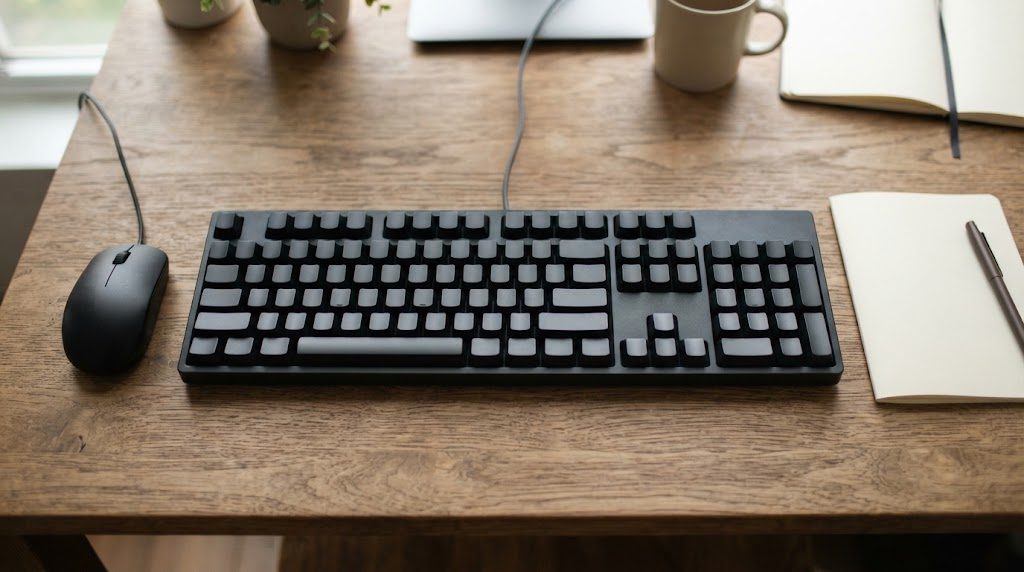 テンキー付きのフルサイズキーボードの左側に、マウスを置いたデスクの様子